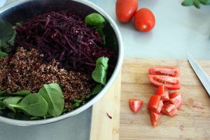 Red Quinoa, Spinach and Purple Carrot Salad